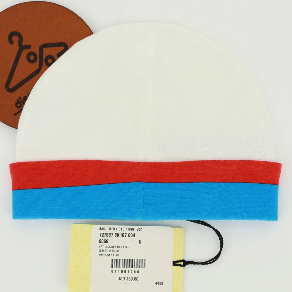 Gucci Baby White Cotton Jersey Logo Stripe Beanie‎ Hat Size Small NWT